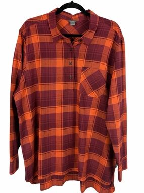 Eddie Bauer Plaid Flannel Shirt 2XL Orange Burgundy Cotton Button Neck Tunic